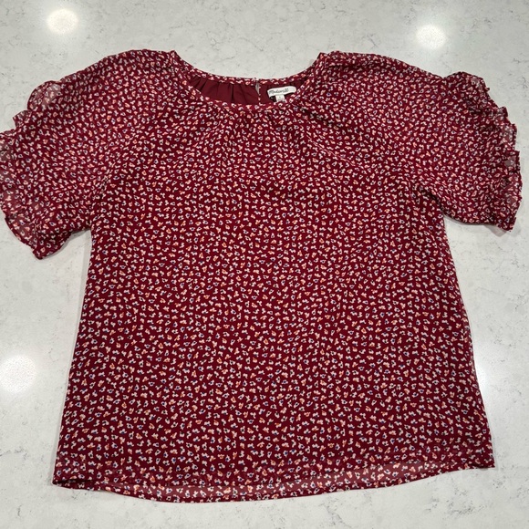 Madewell Tops - Madewell Women's Burgundy Floral Chiffon Top Short Sleeve Dress Shirt Lined